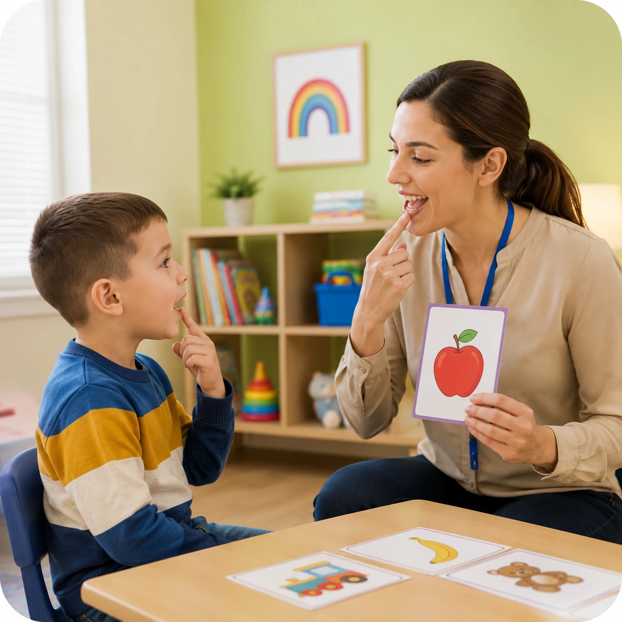 Child ready for speech support in a daycare setting.
