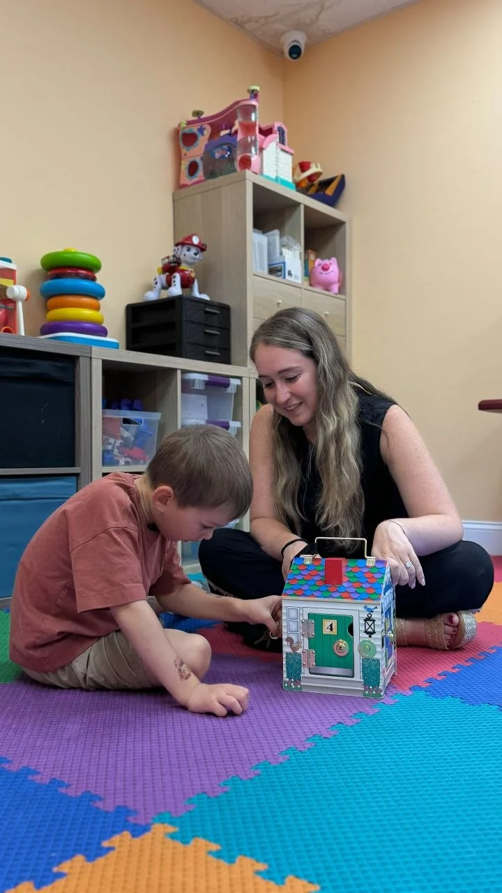 Speech-language pathologist using play-based activities with a child in a private office.