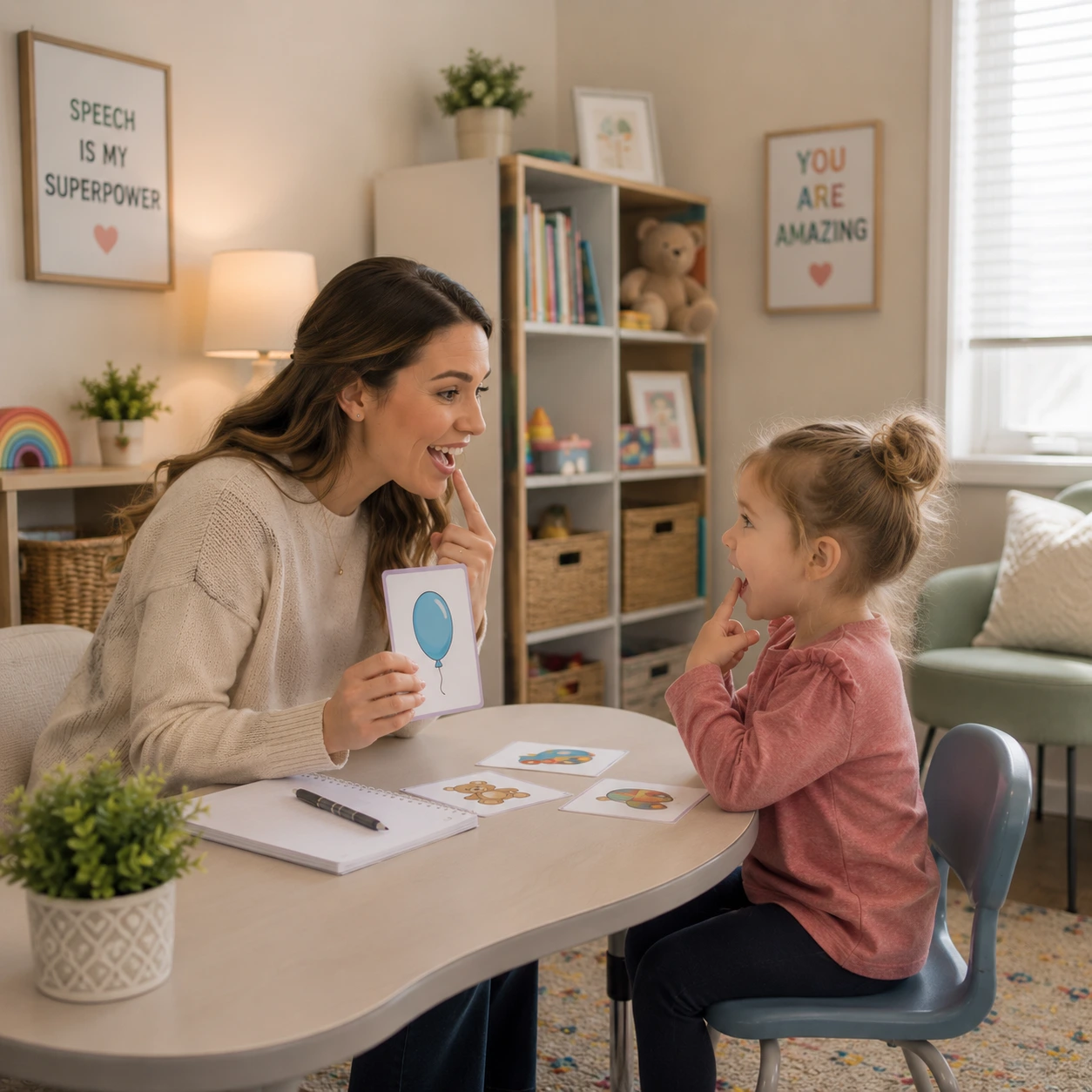 Child at a bright table, representing speech therapy in a private office.
