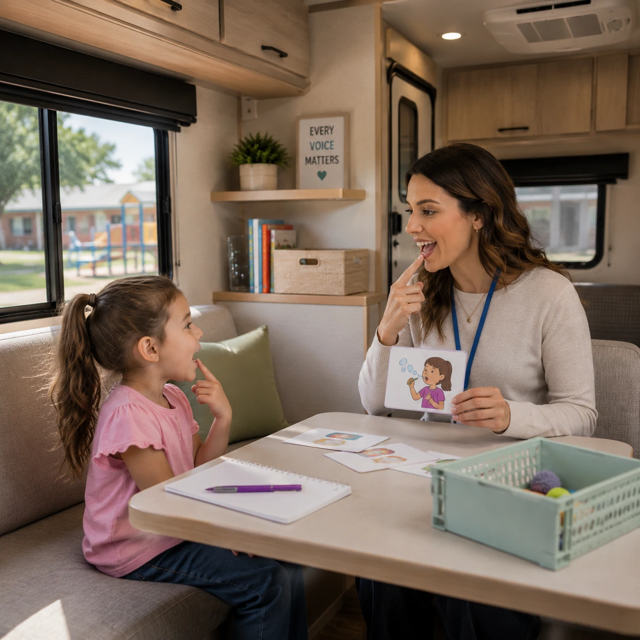 Child practicing with learning materials, representing speech therapy in the Logoped RV.